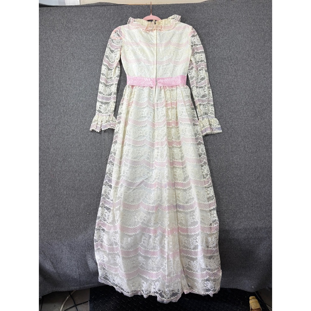 Vintage 70s Ivory Pink Tiered Lace Maxi Dress Ruffle Long Sleeve Prairie Gown - Picture 4 of 6